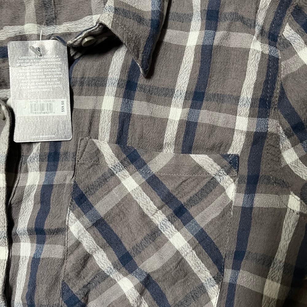 NWT Lucky Brand Flannel Button Down (gray, navy, white) - Picture 6 of 10